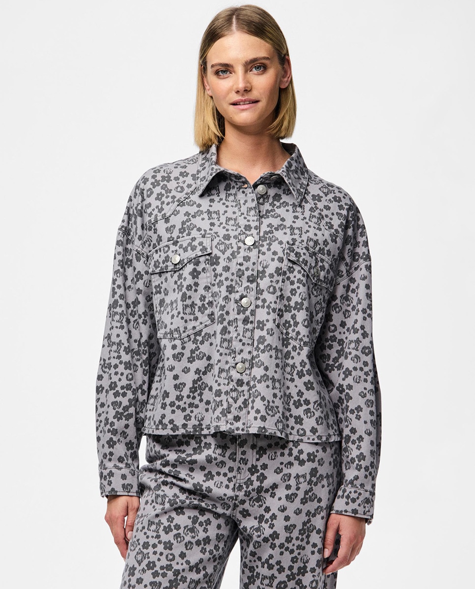 Camisa de Ganga com Estampado Floral Cinzento-claro-1