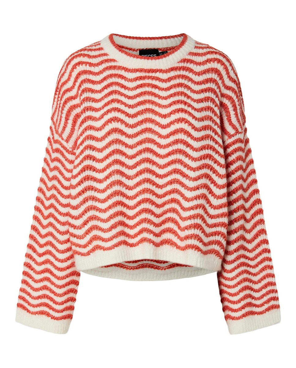 Camisola de malha de mulher às riscas e com manga comprida Vermelho-4