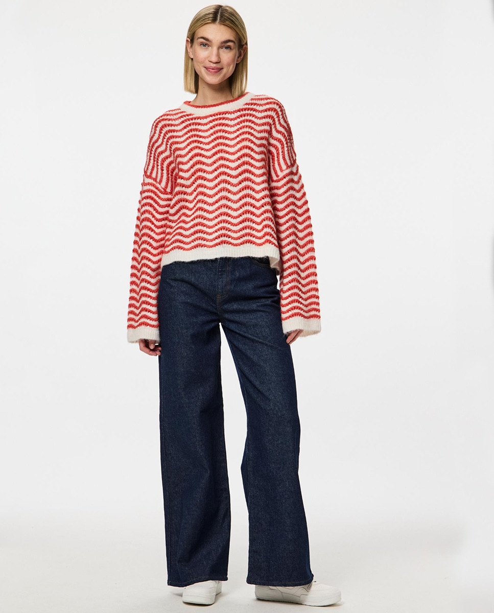 Camisola de malha de mulher às riscas e com manga comprida Vermelho-6