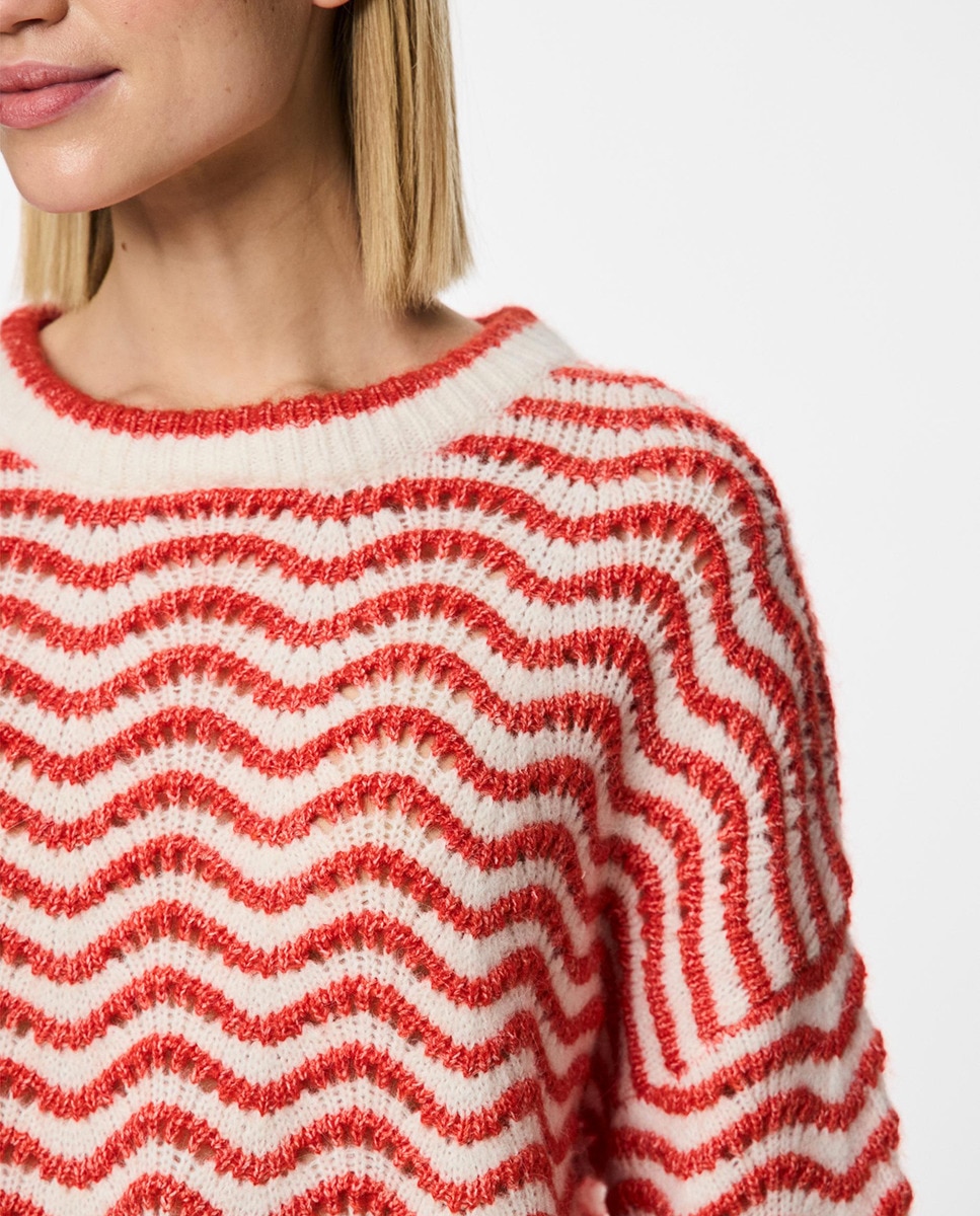 Camisola de malha de mulher às riscas e com manga comprida Vermelho-3