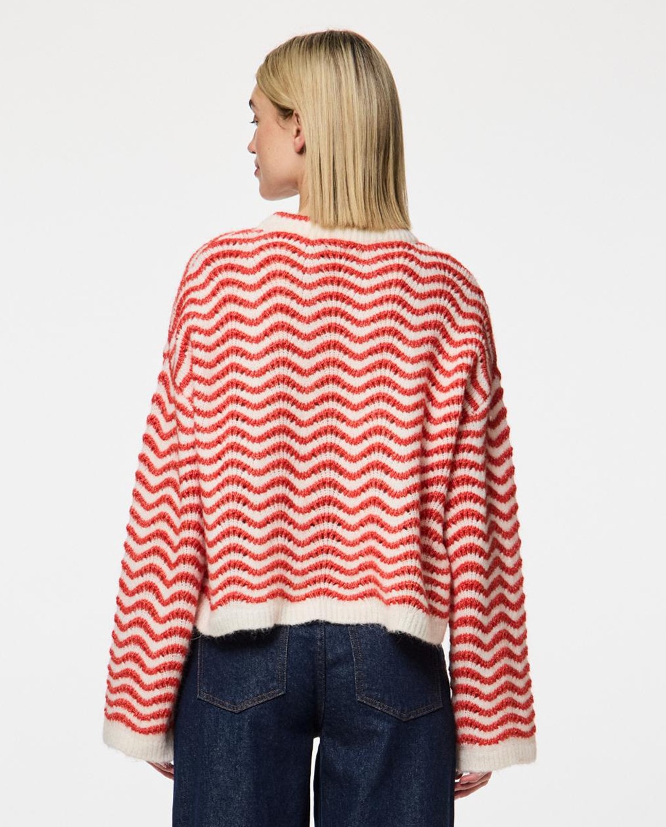 Camisola de malha de mulher às riscas e com manga comprida Vermelho-2