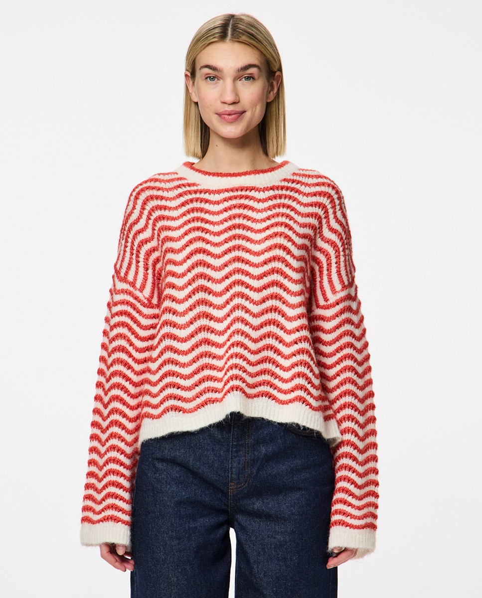 Camisola de malha de mulher às riscas e com manga comprida Vermelho-1