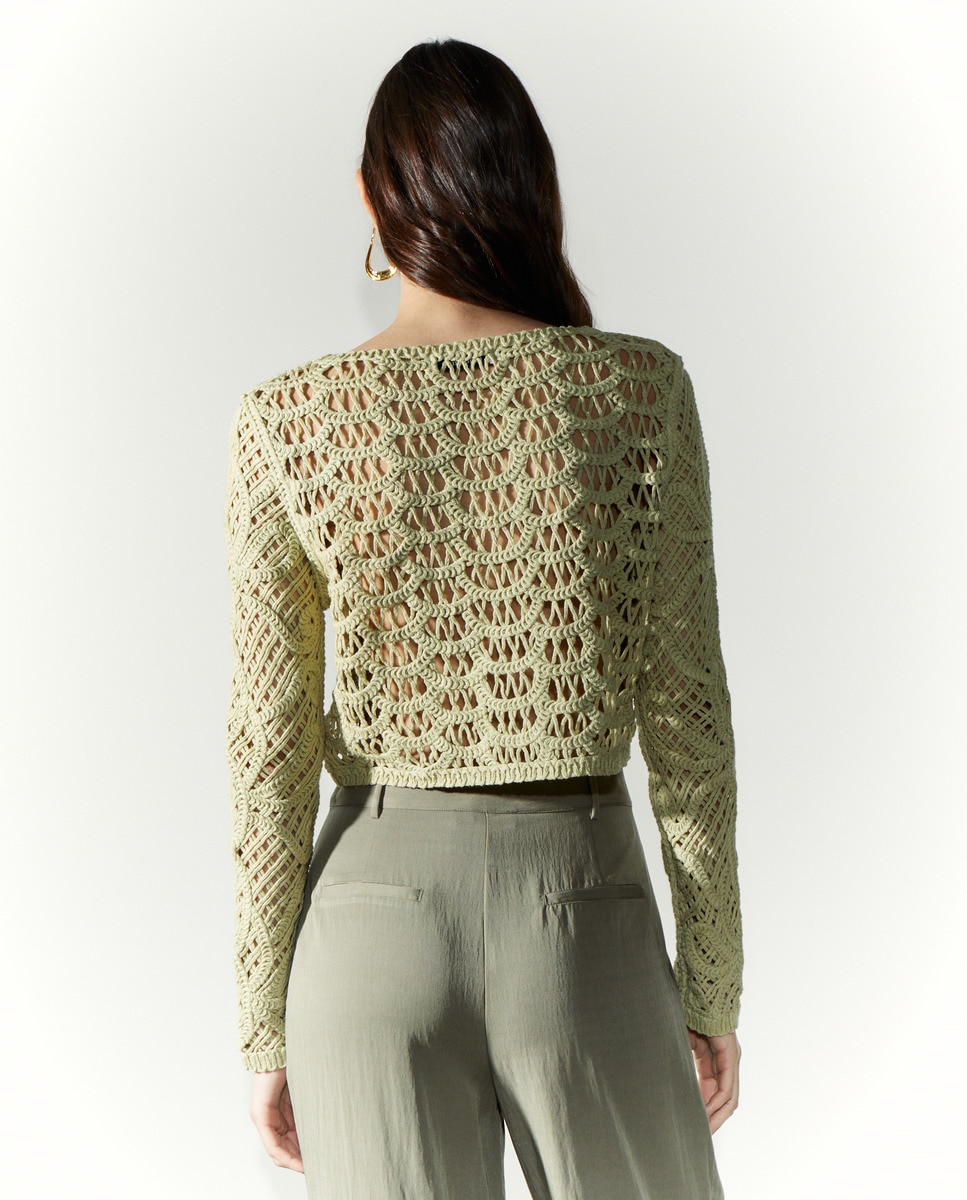 Camisola de Malha de Manga Comprida e Rendilhado de Crochet Verde-3