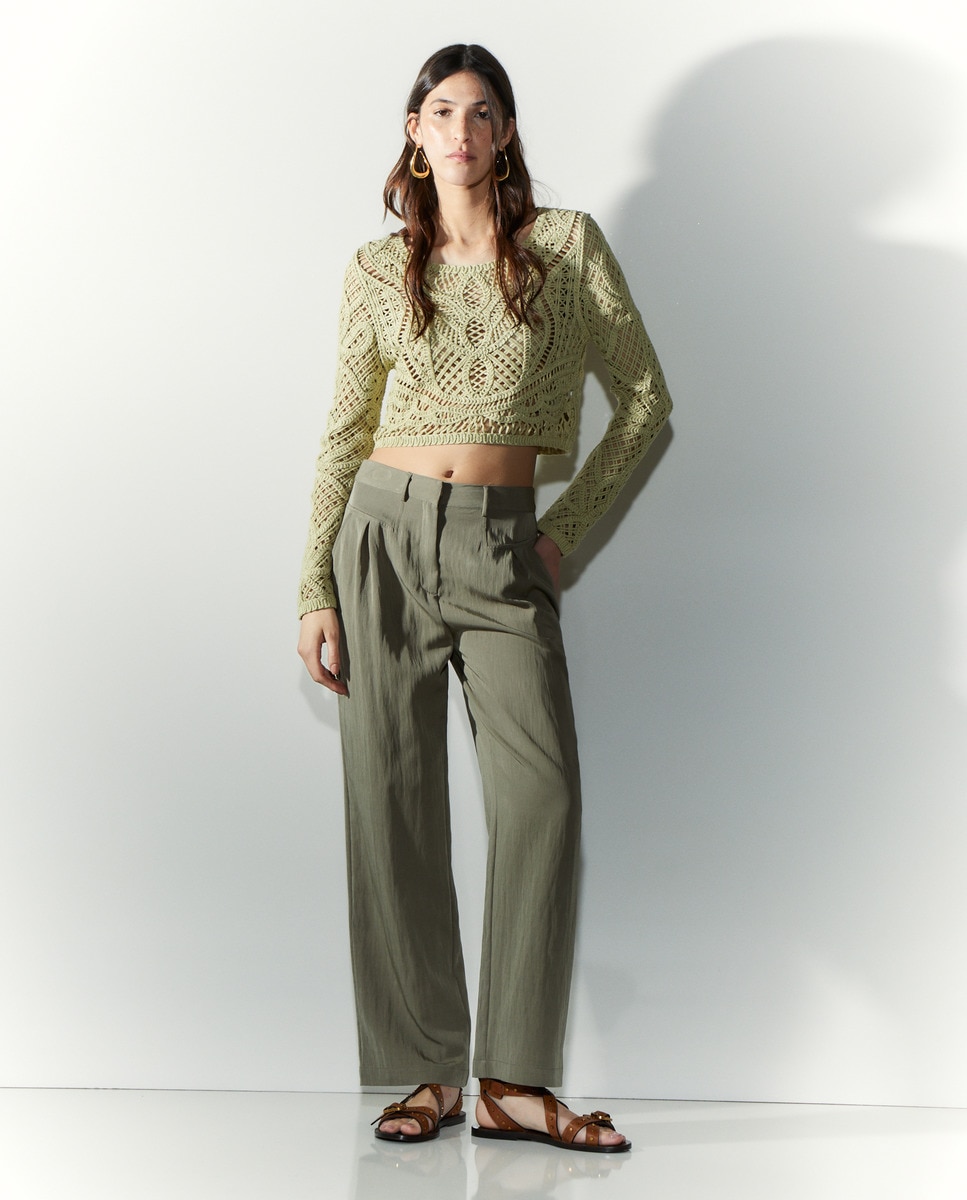 Camisola de Malha de Manga Comprida e Rendilhado de Crochet Verde-6