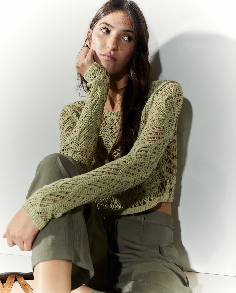 Camisola de Malha de Manga Comprida e Rendilhado de Crochet Verde-1