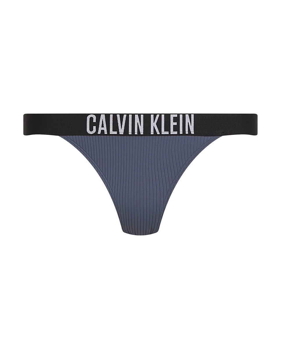 Cueca de Biquíni Tipo Brasileira com Canelado e Logótipo no Cós Cinzento-4