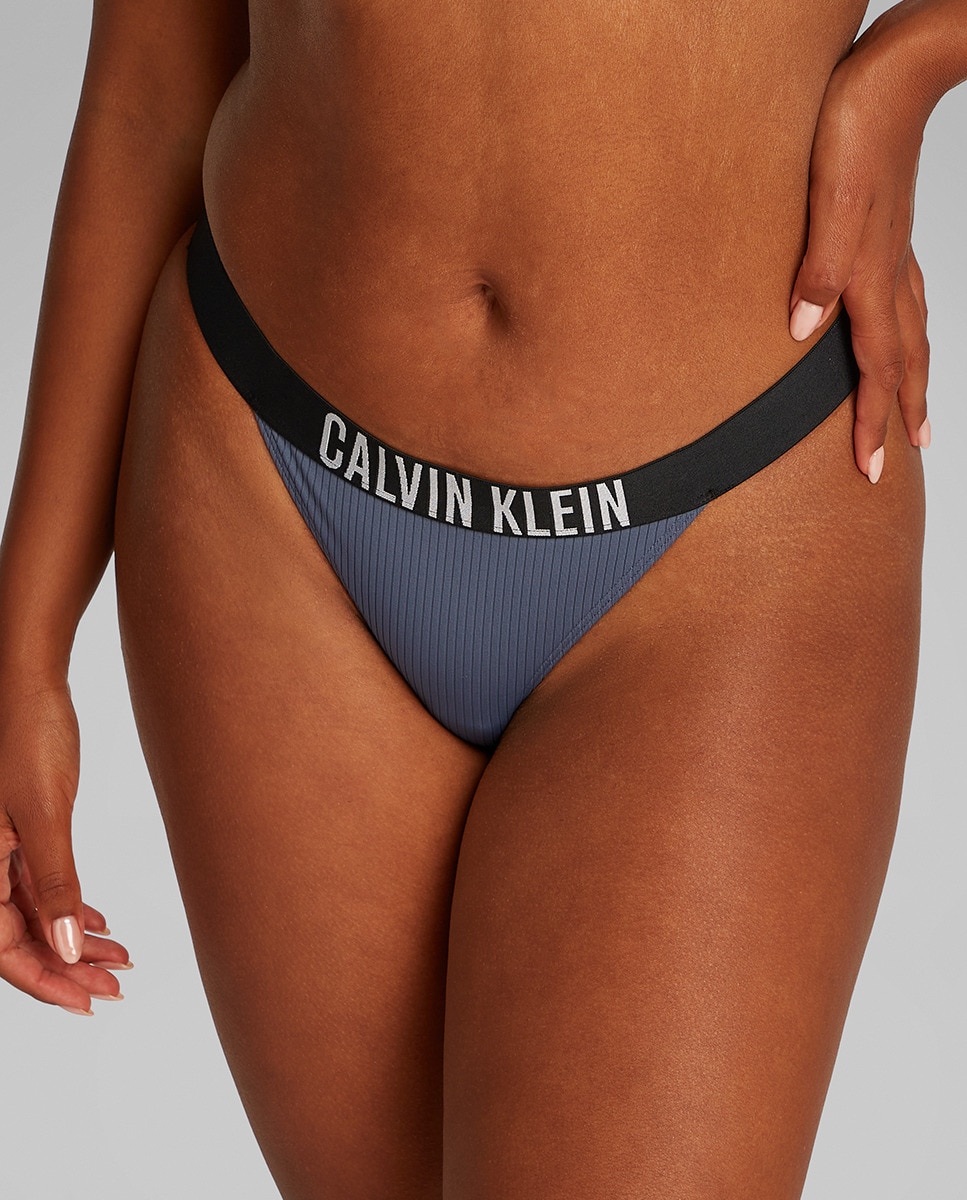 Cueca de Biquíni Tipo Brasileira com Canelado e Logótipo no Cós Cinzento-3