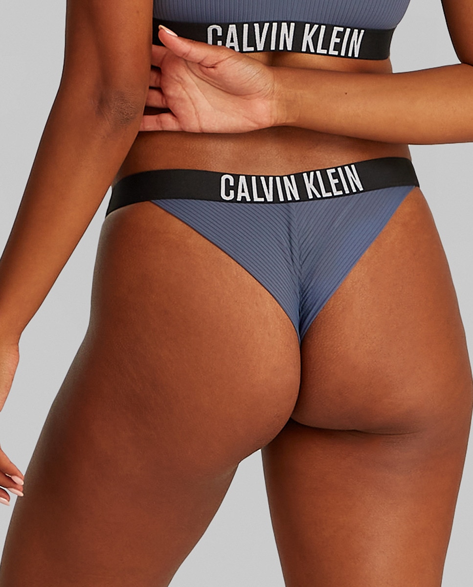 Cueca de Biquíni Tipo Brasileira com Canelado e Logótipo no Cós Cinzento-2