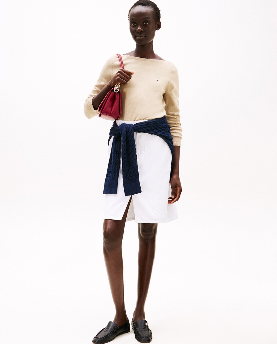 Camisola de malha de mulher com decote à barco e manga comprida Bege-5