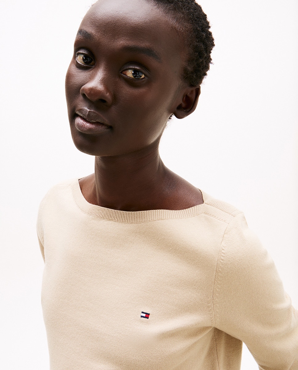 Camisola de malha de mulher com decote à barco e manga comprida Bege-3