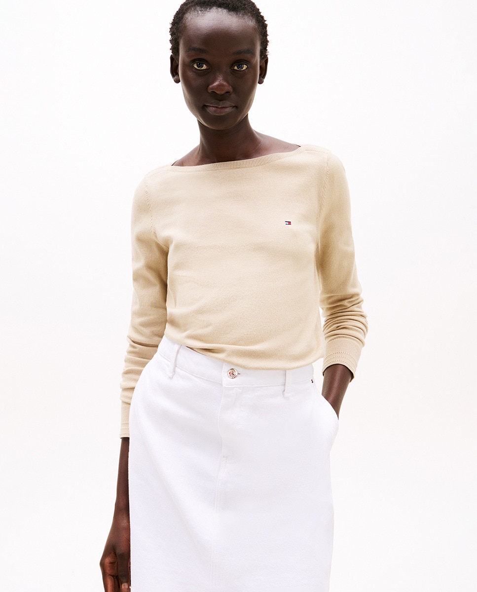 Camisola de malha de mulher com decote à barco e manga comprida Bege-1