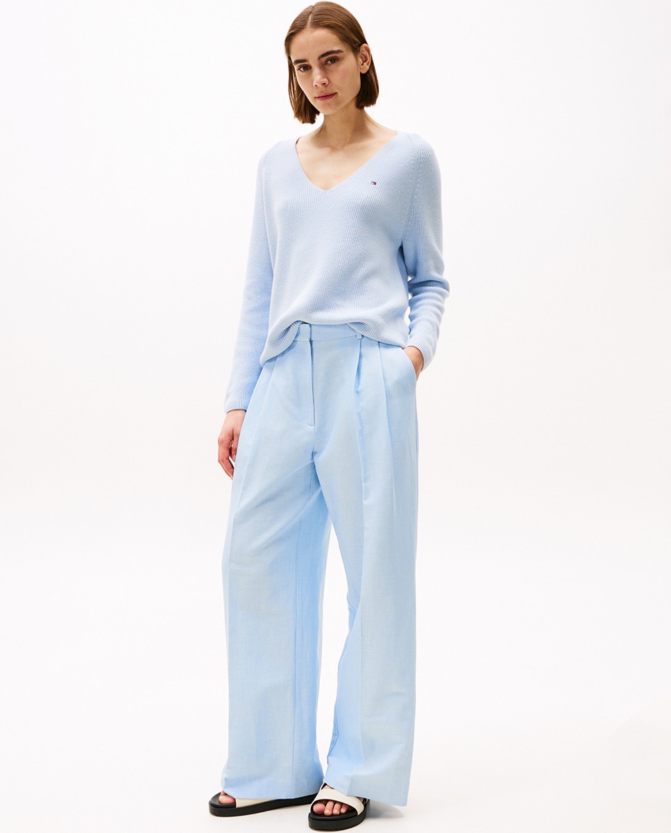 Camisola de Malha com Decote em Bico e Manga Comprida Azul-claro-4