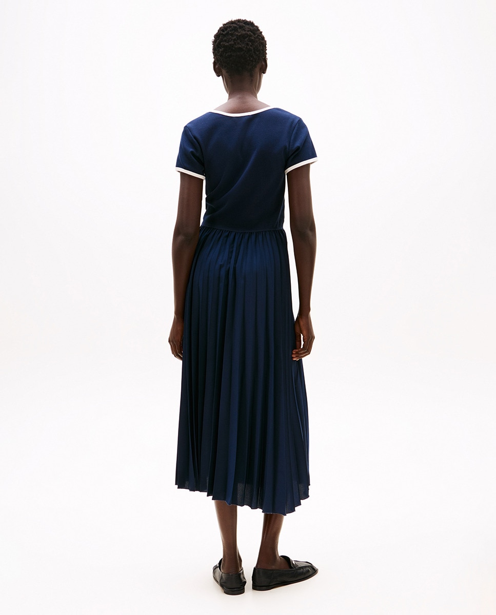 Vestido Midi Plissado de Manga Curta Azul-marinho-2