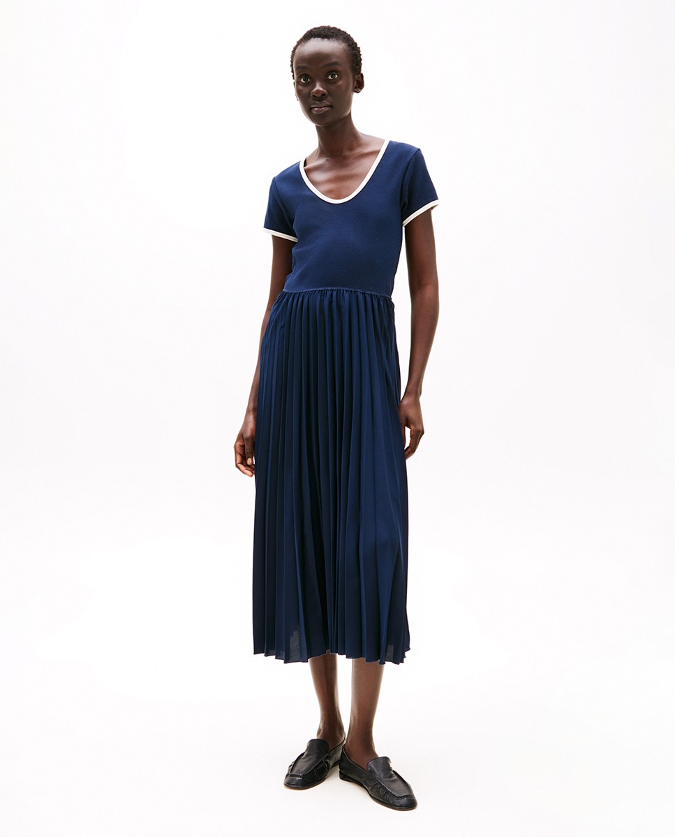 Vestido Midi Plissado de Manga Curta Azul-marinho-1