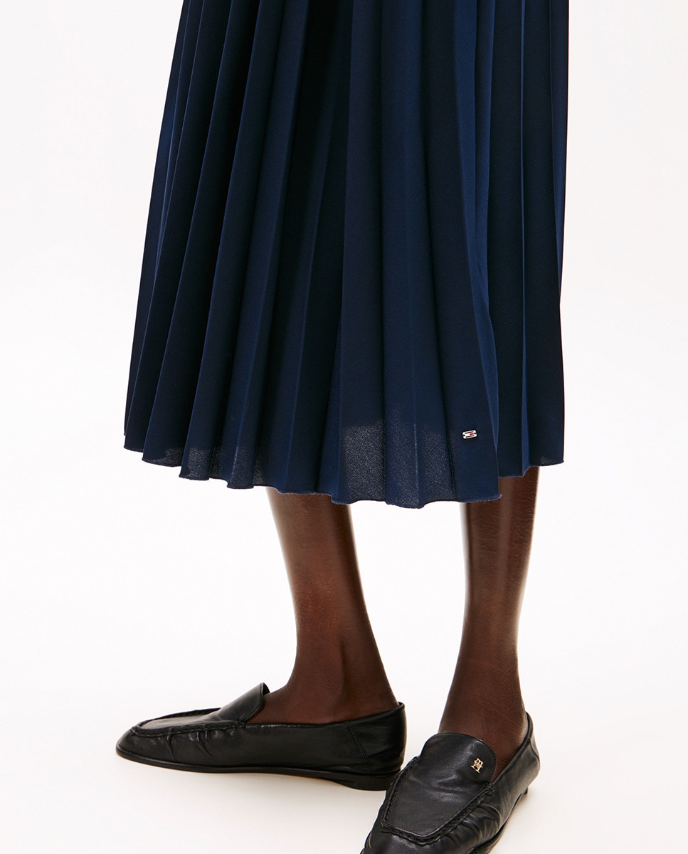 Vestido Midi Plissado de Manga Curta Azul-marinho-5