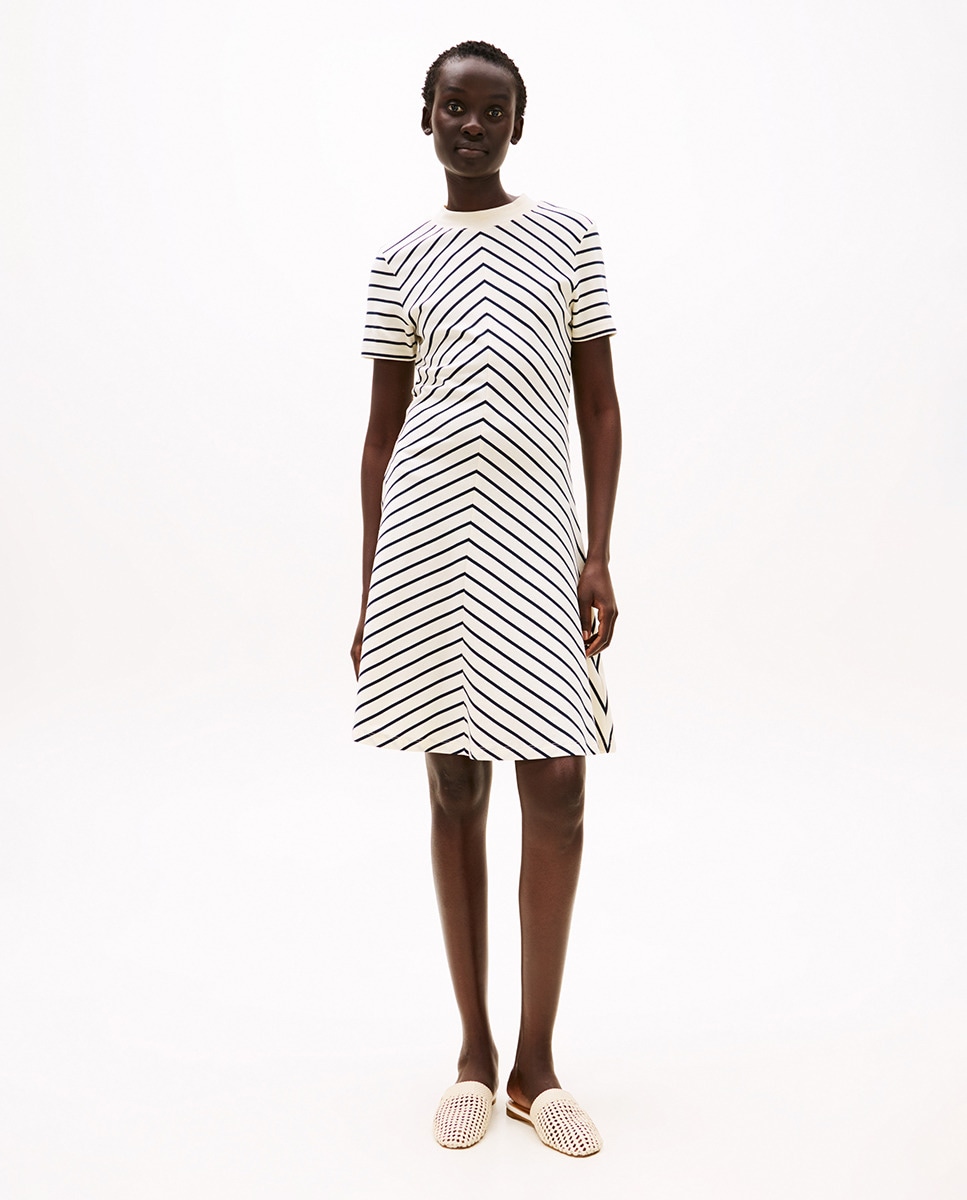 Vestido Curto com Estampado às Riscas Branco-1