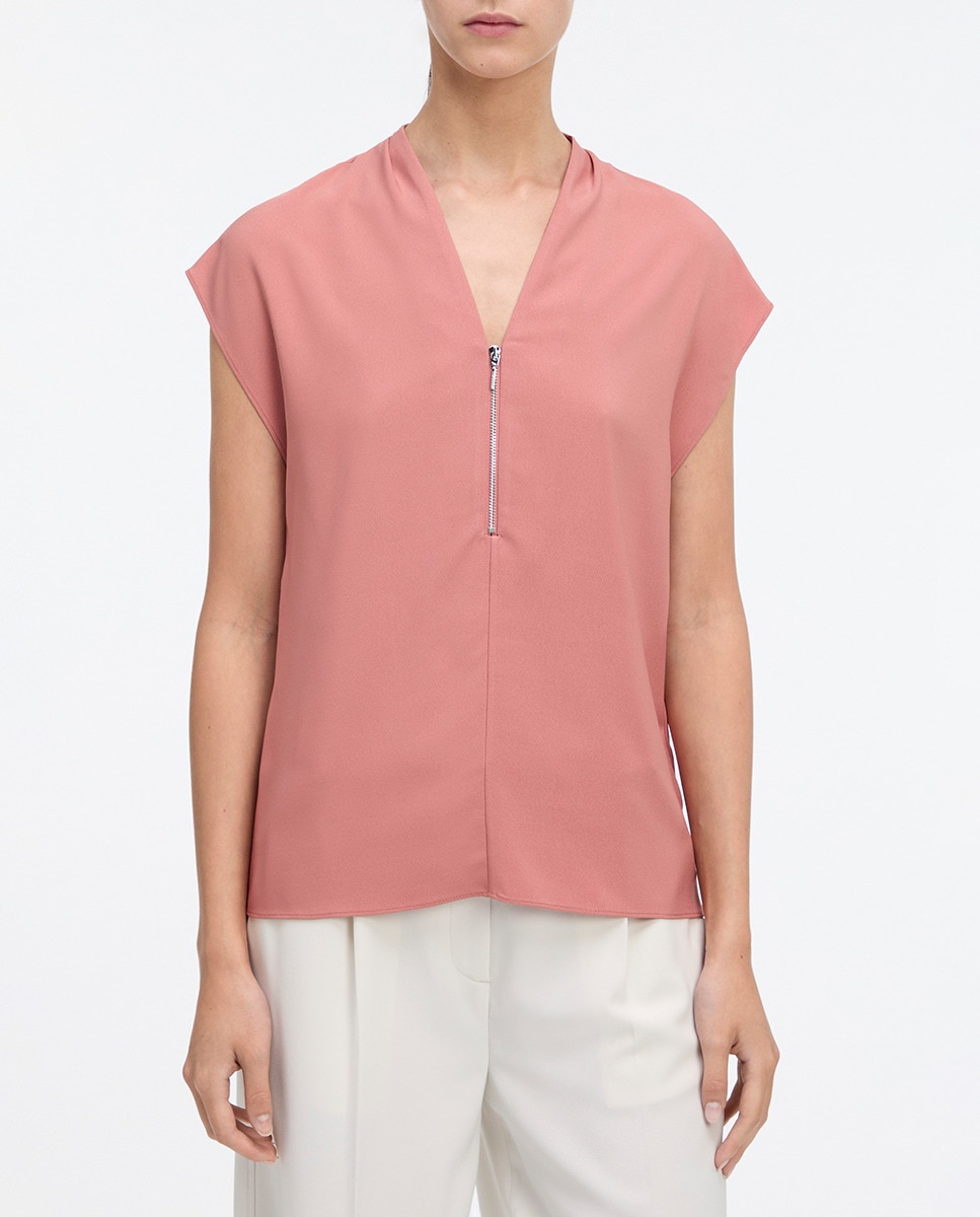 Blusa de Manga Curta com Fecho de Correr Rosa-1