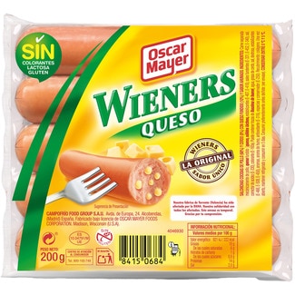 Wieners salchichas cocidas de cerdo y pollo con trozos de queso sabor ahumado 5 piezas envase 200 g sin gluten - Oscar Mayer
