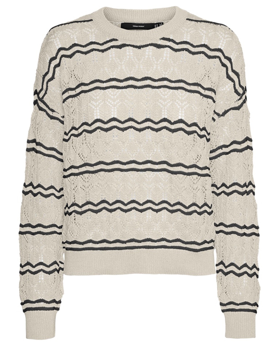 Camisola de Malha Fina às Riscas Branco-4