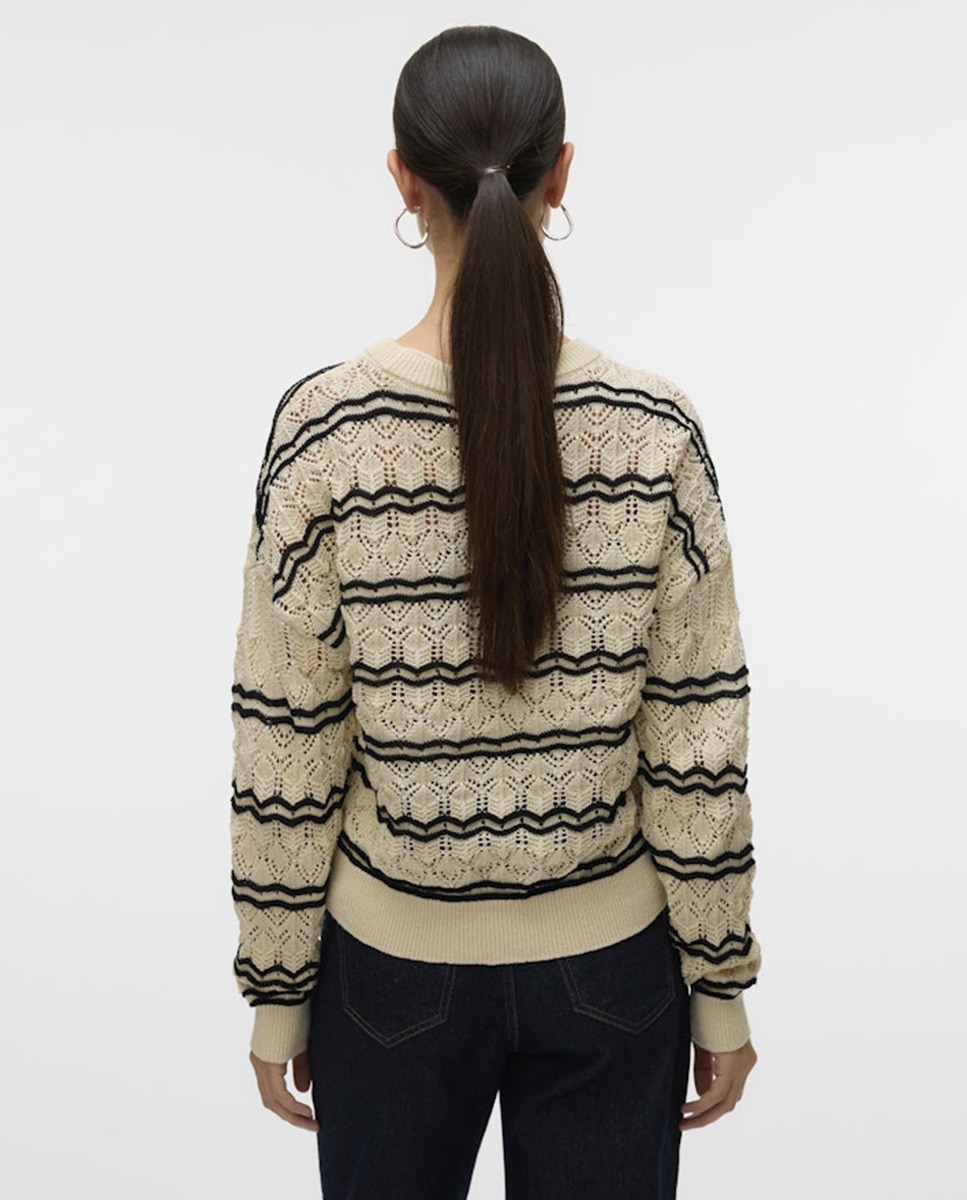 Camisola de Malha Fina às Riscas Branco-2