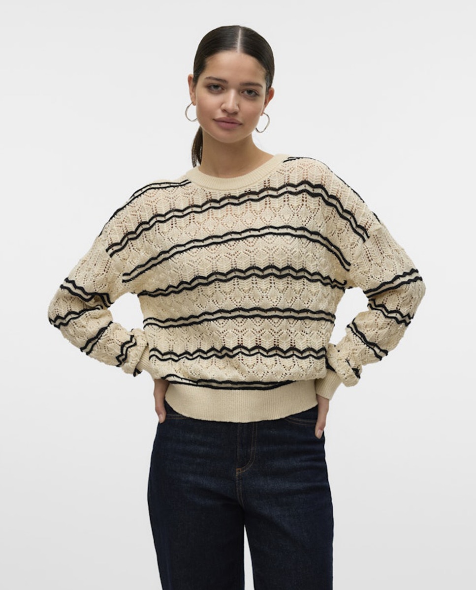 Camisola de Malha Fina às Riscas Branco-1