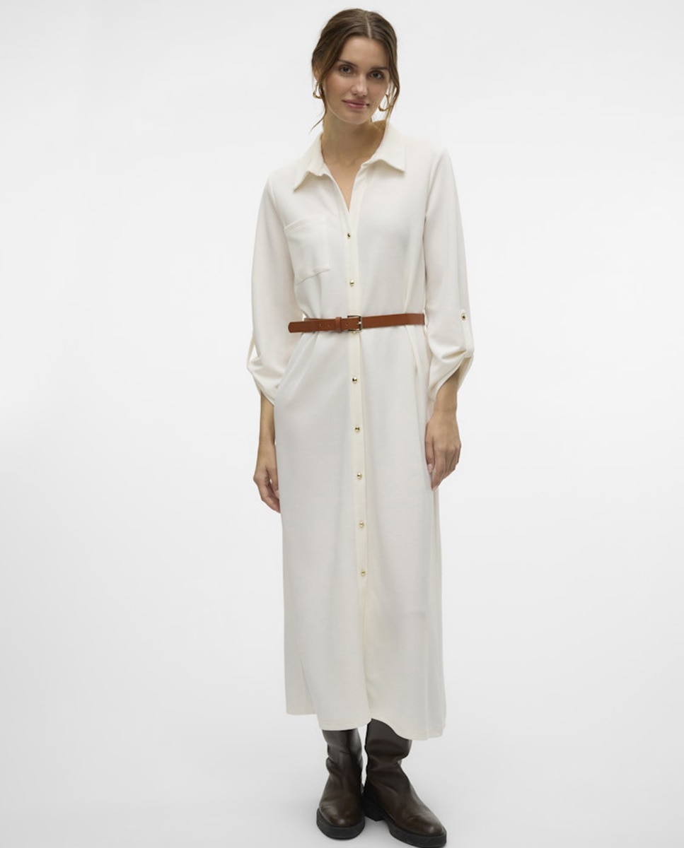 Vestido midi com cinto Branco-5