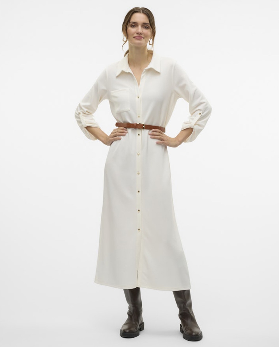 Vestido midi com cinto Branco-4