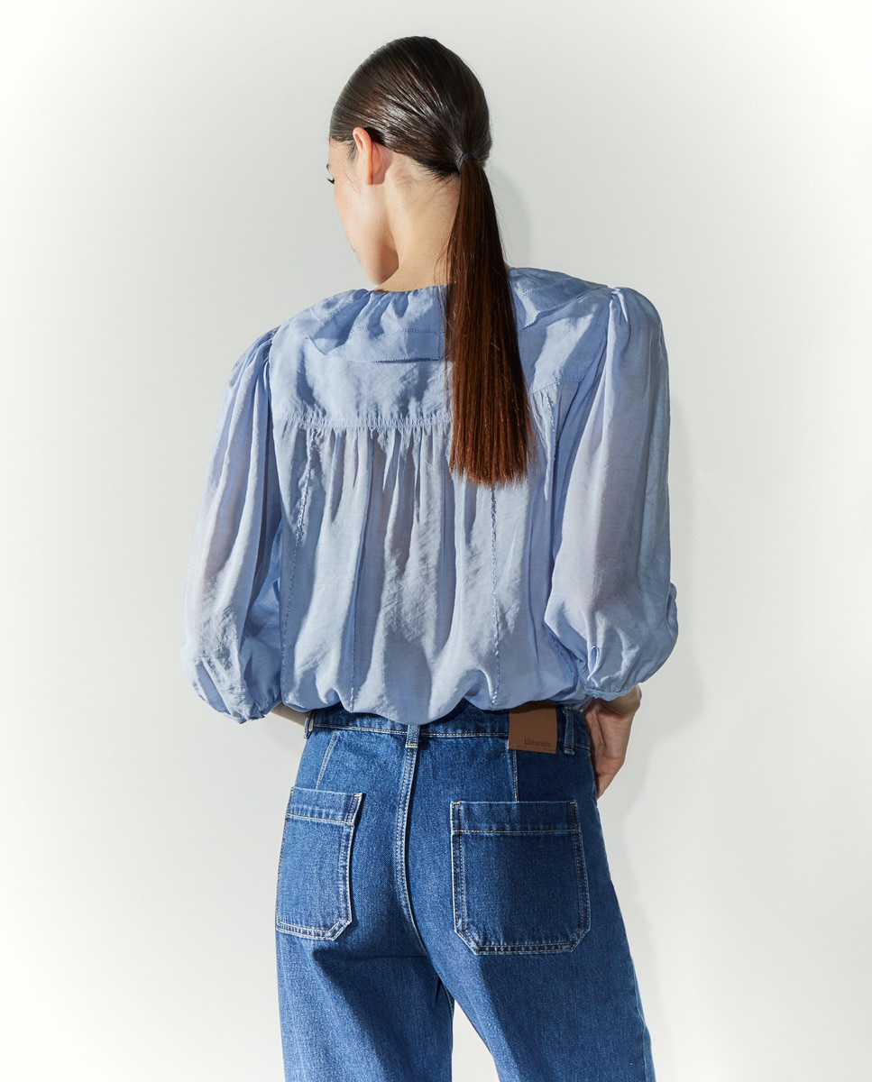 Blusa de Manga Comprida com Folho e Bordados 410 Azul Claro-3