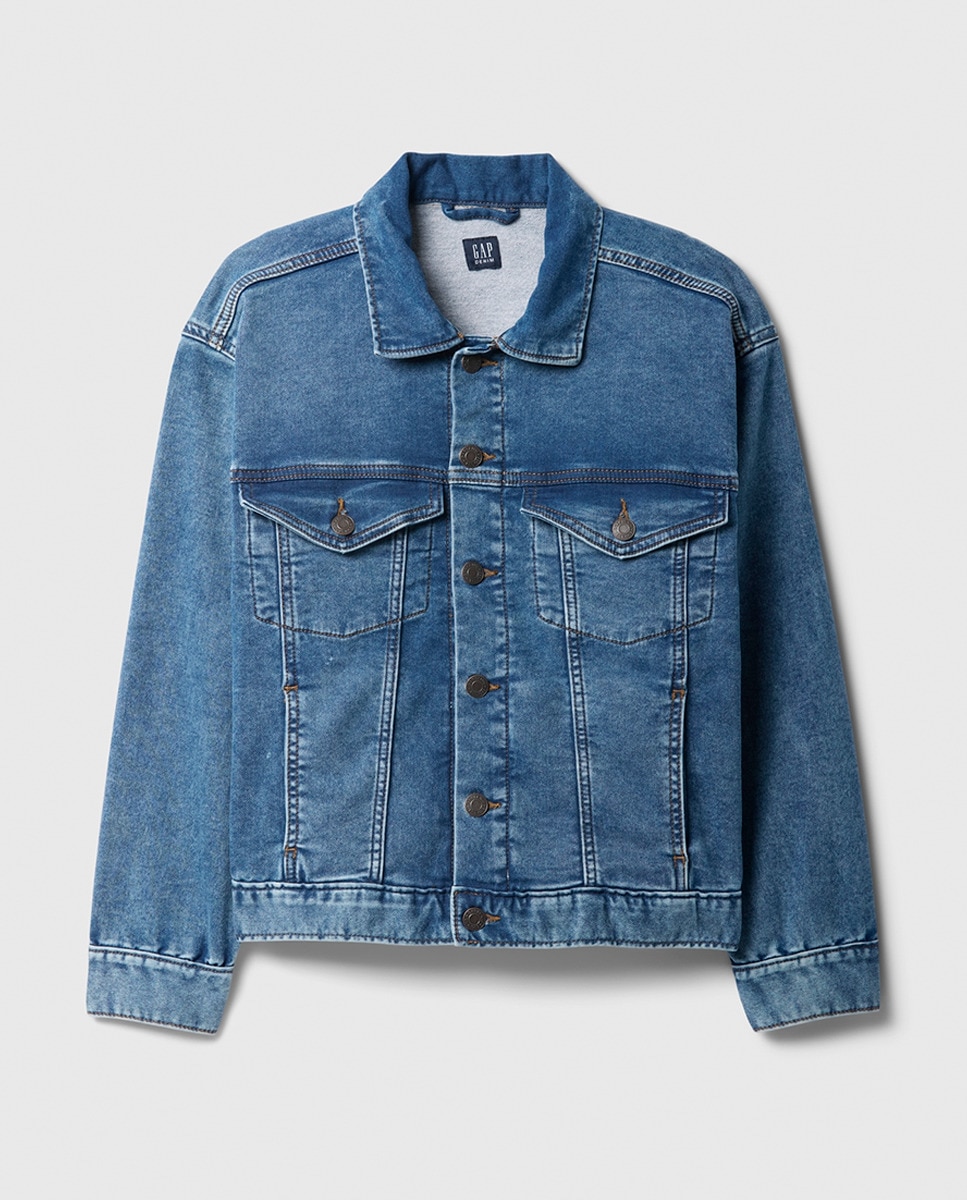 Blusão de Ganga com Ombro Caído, Manga Comprida e Punhos Abotoados Azul-1