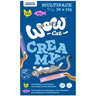 snack líquido para gatos adultos creamy multipack pollo y salmón 24x15 g envase 360 g - Wow