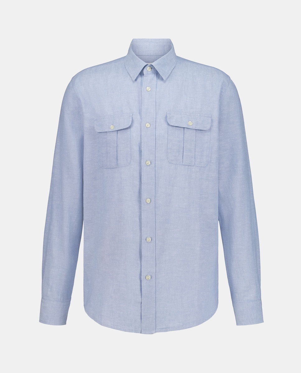 Camisa de Linho e Algodão com Manga Comprida e Bolsos 400 Azul-4
