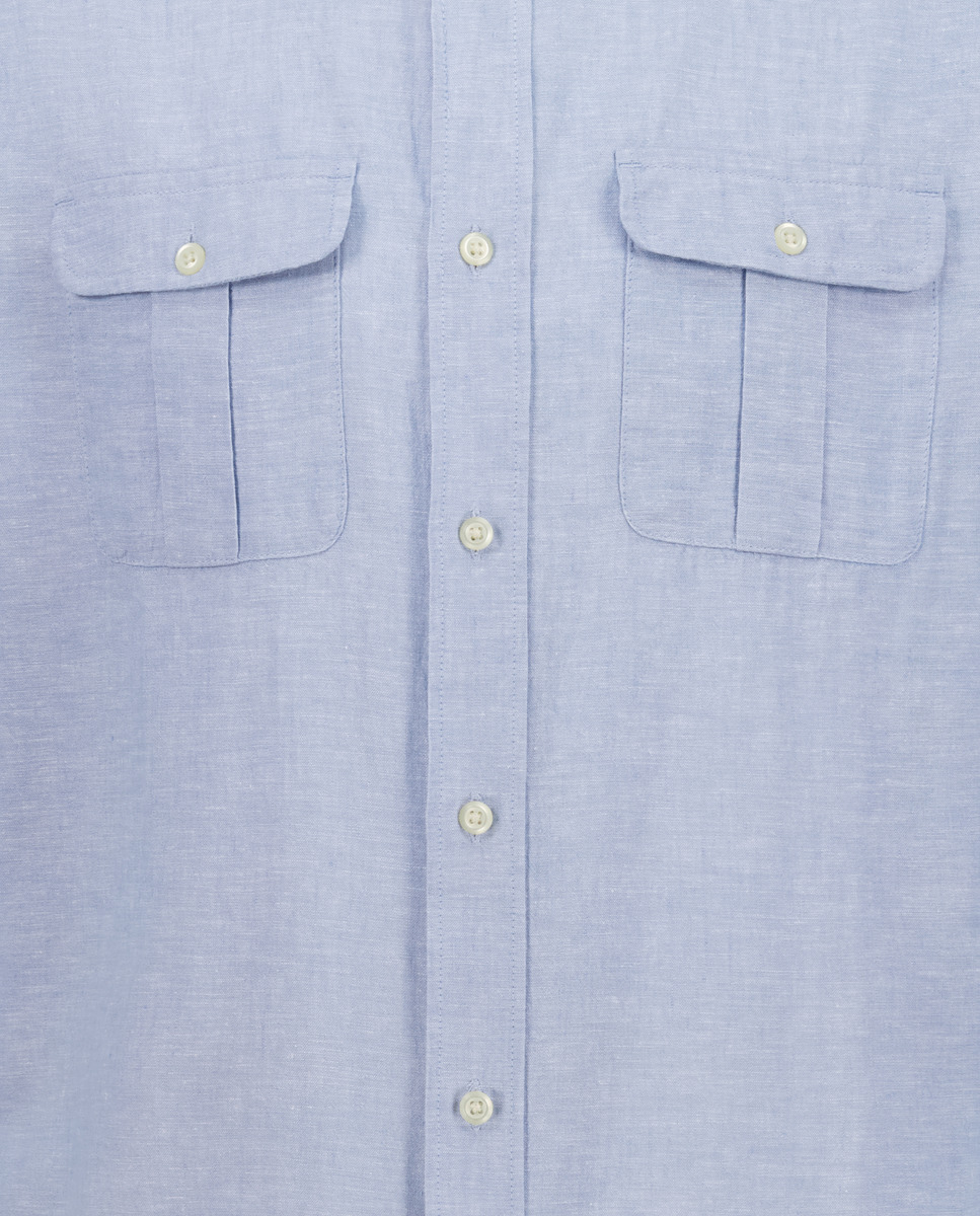 Camisa de Linho e Algodão com Manga Comprida e Bolsos 400 Azul-5