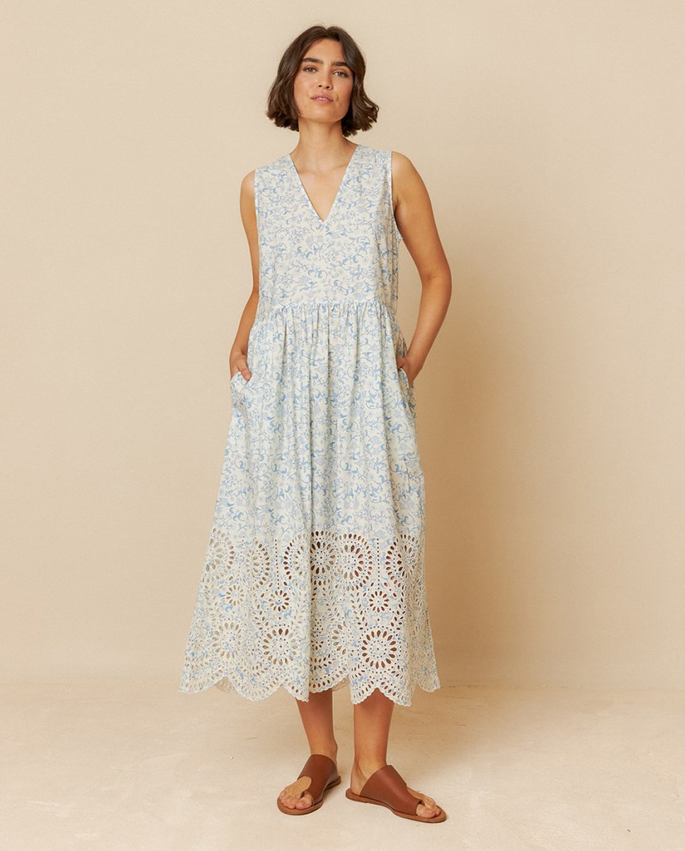 Vestido com decote em bico e sem mangas Azul-1