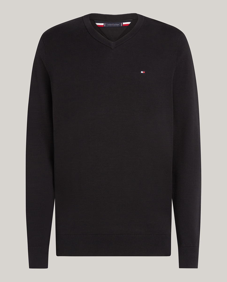 Camisola de Malha Lisa de Algodão com Gola em Bico Preto-4