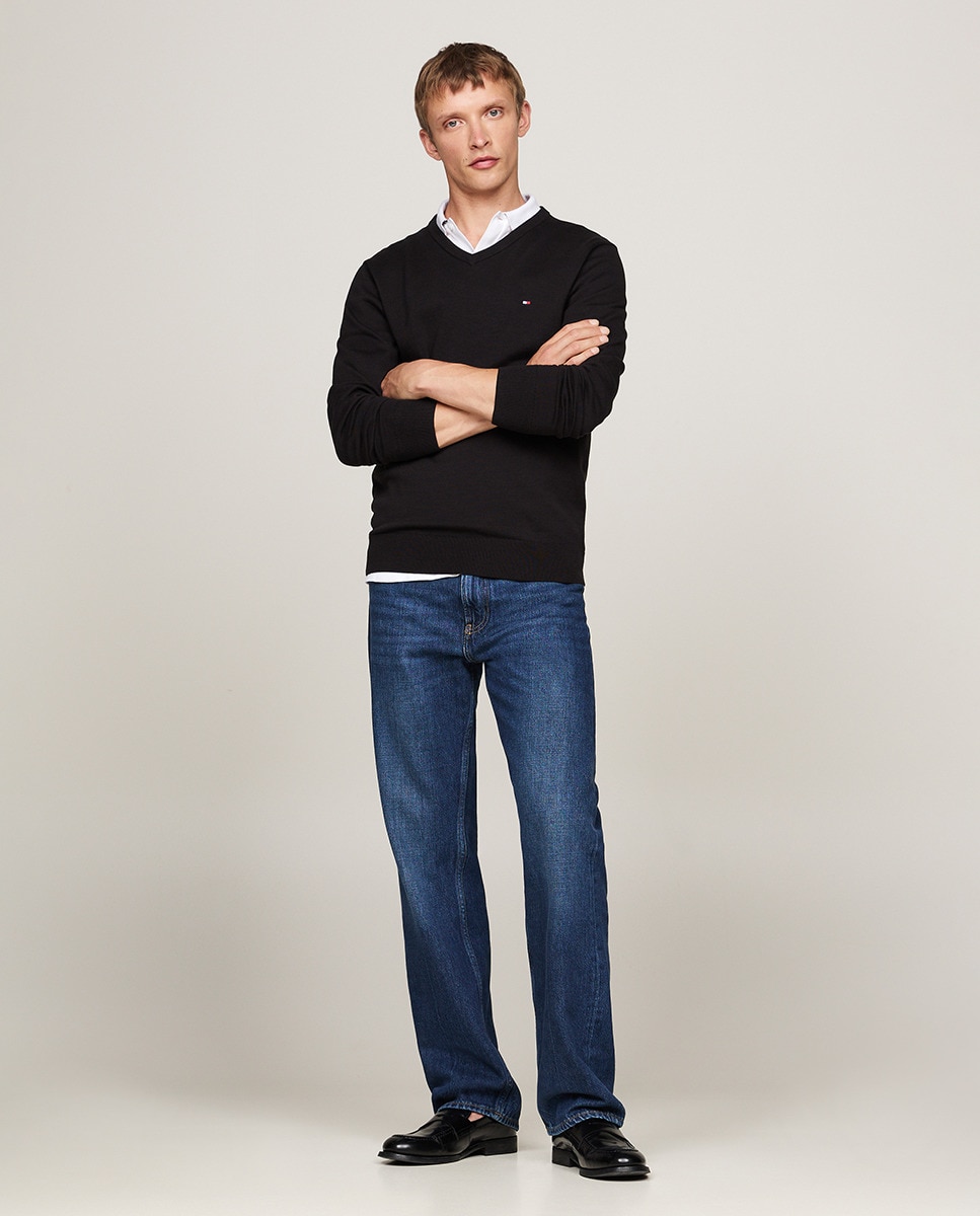 Camisola de Malha Lisa de Algodão com Gola em Bico Preto-5