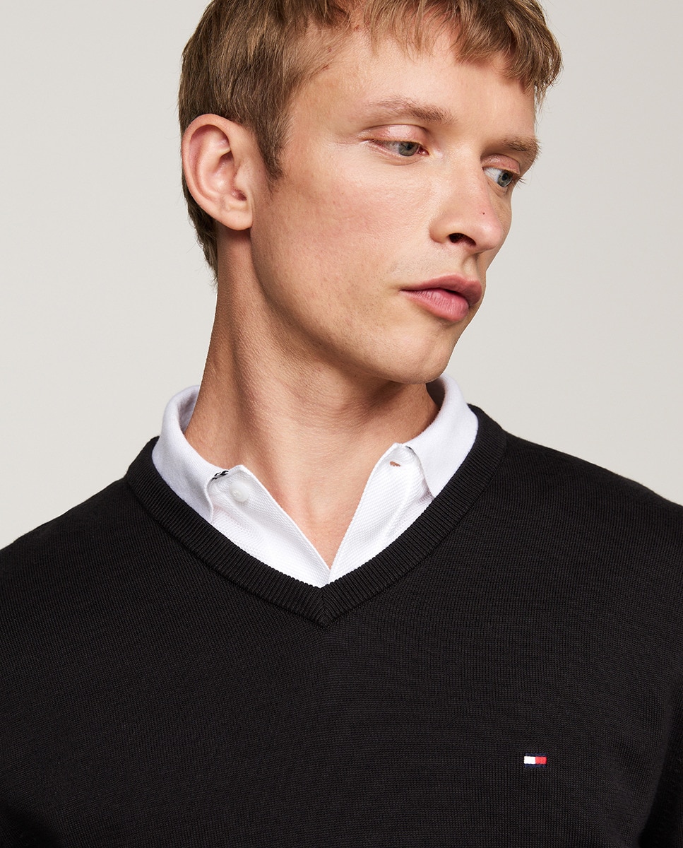 Camisola de Malha Lisa de Algodão com Gola em Bico Preto-3