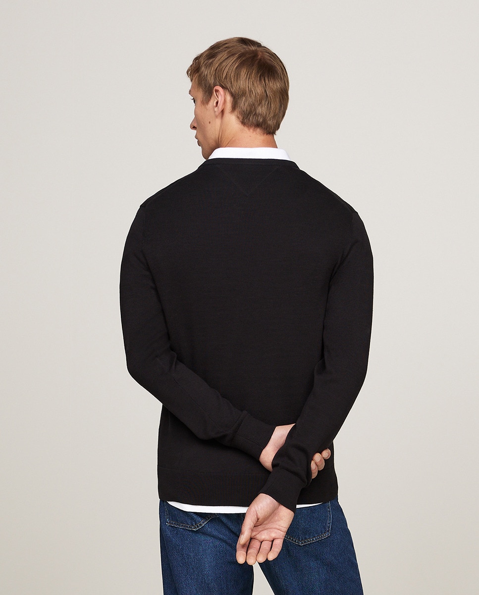 Camisola de Malha Lisa de Algodão com Gola em Bico Preto-2