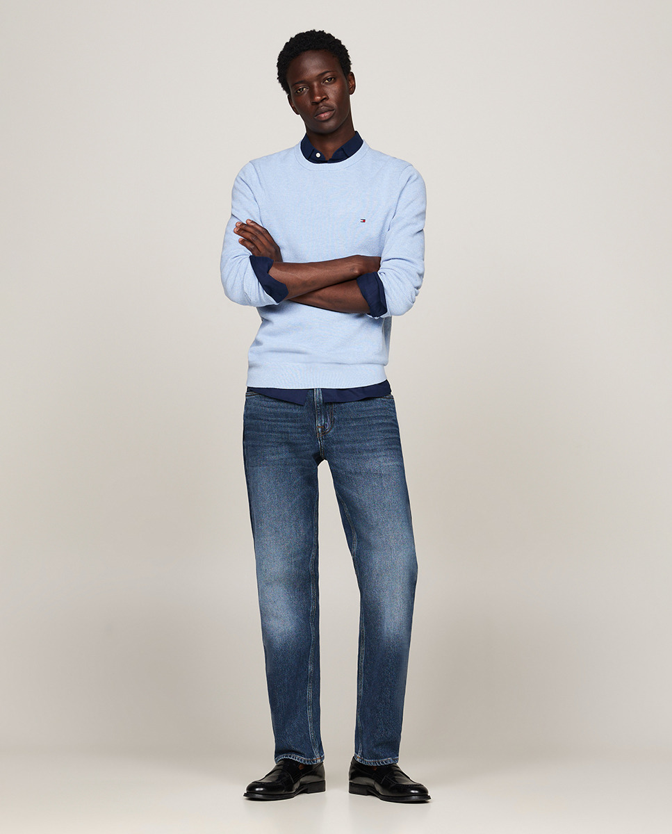 Camisola de Malha Lisa de Algodão com Gola Redonda Azul-5