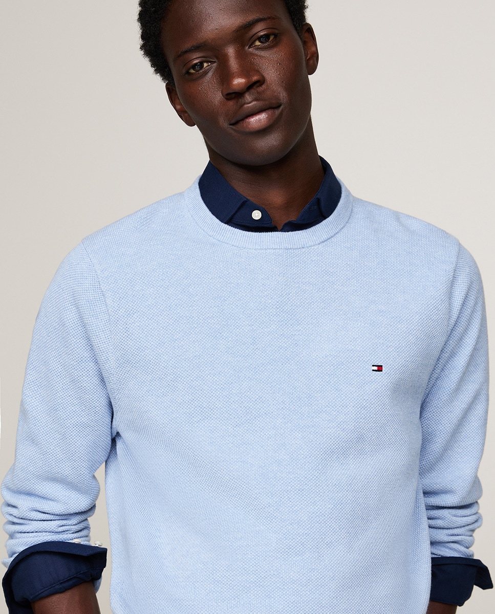 Camisola de Malha Lisa de Algodão com Gola Redonda Azul-3