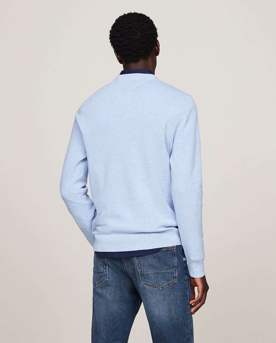 Camisola de Malha Lisa de Algodão com Gola Redonda Azul-2