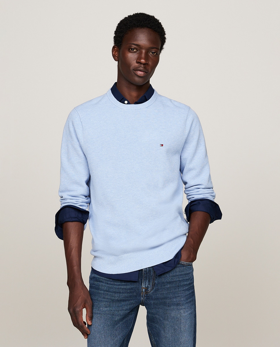 Camisola de Malha Lisa de Algodão com Gola Redonda Azul-1