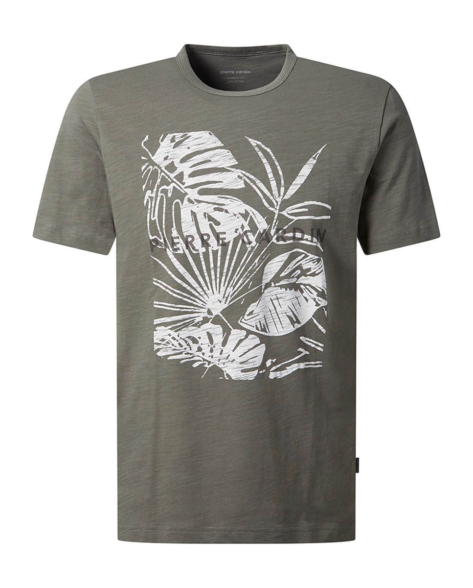 T-shirt em Tecido Slub com Desenho Tropical Caqui-5