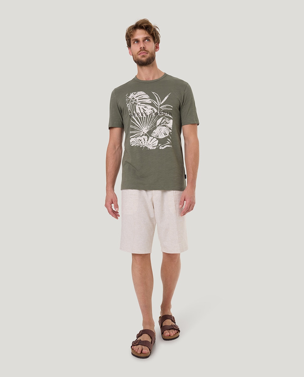 T-shirt em Tecido Slub com Desenho Tropical Caqui-6