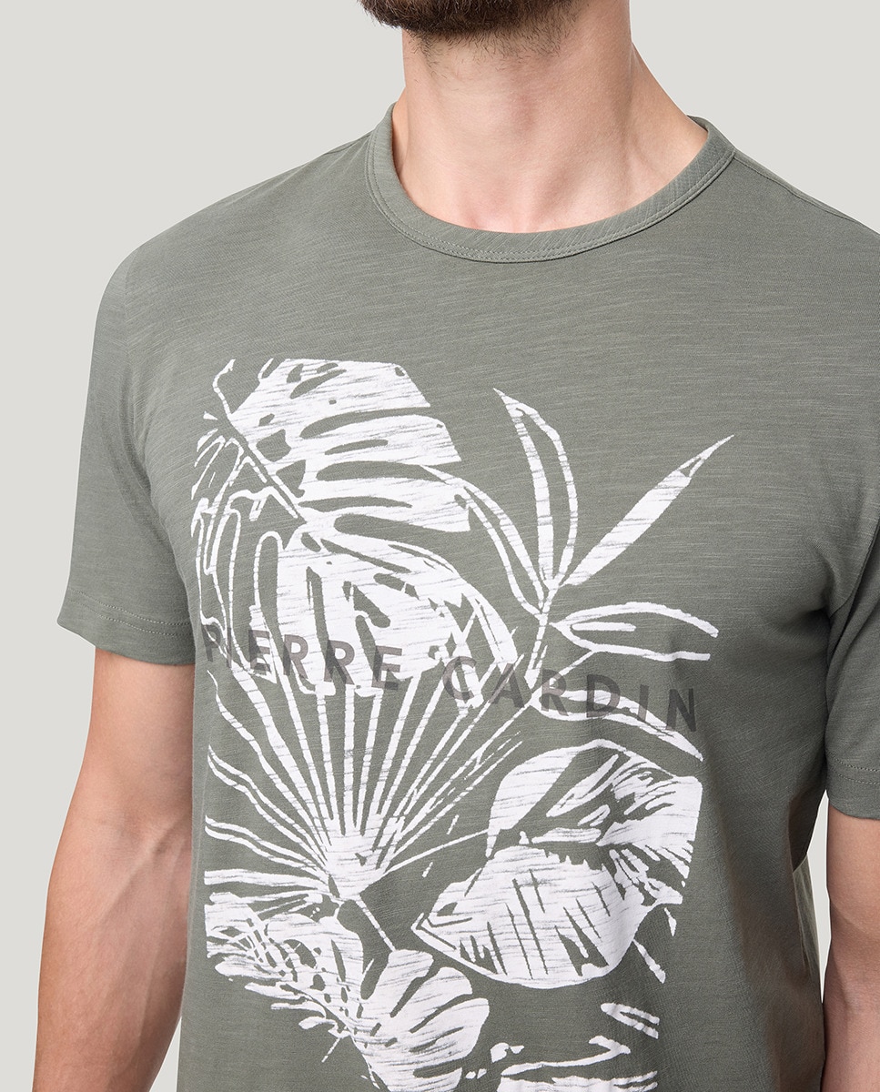 T-shirt em Tecido Slub com Desenho Tropical Caqui-3