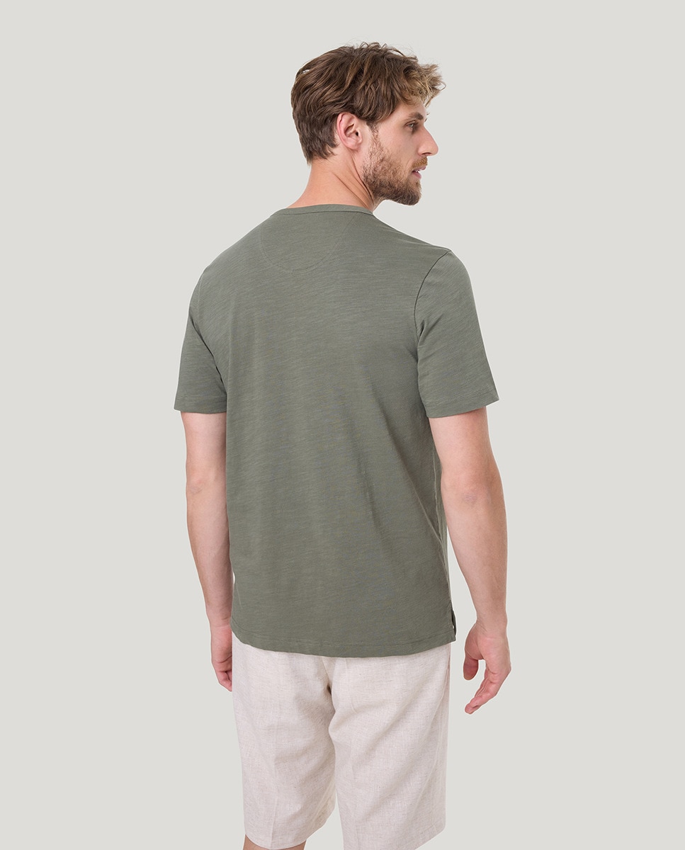 T-shirt em Tecido Slub com Desenho Tropical Caqui-2