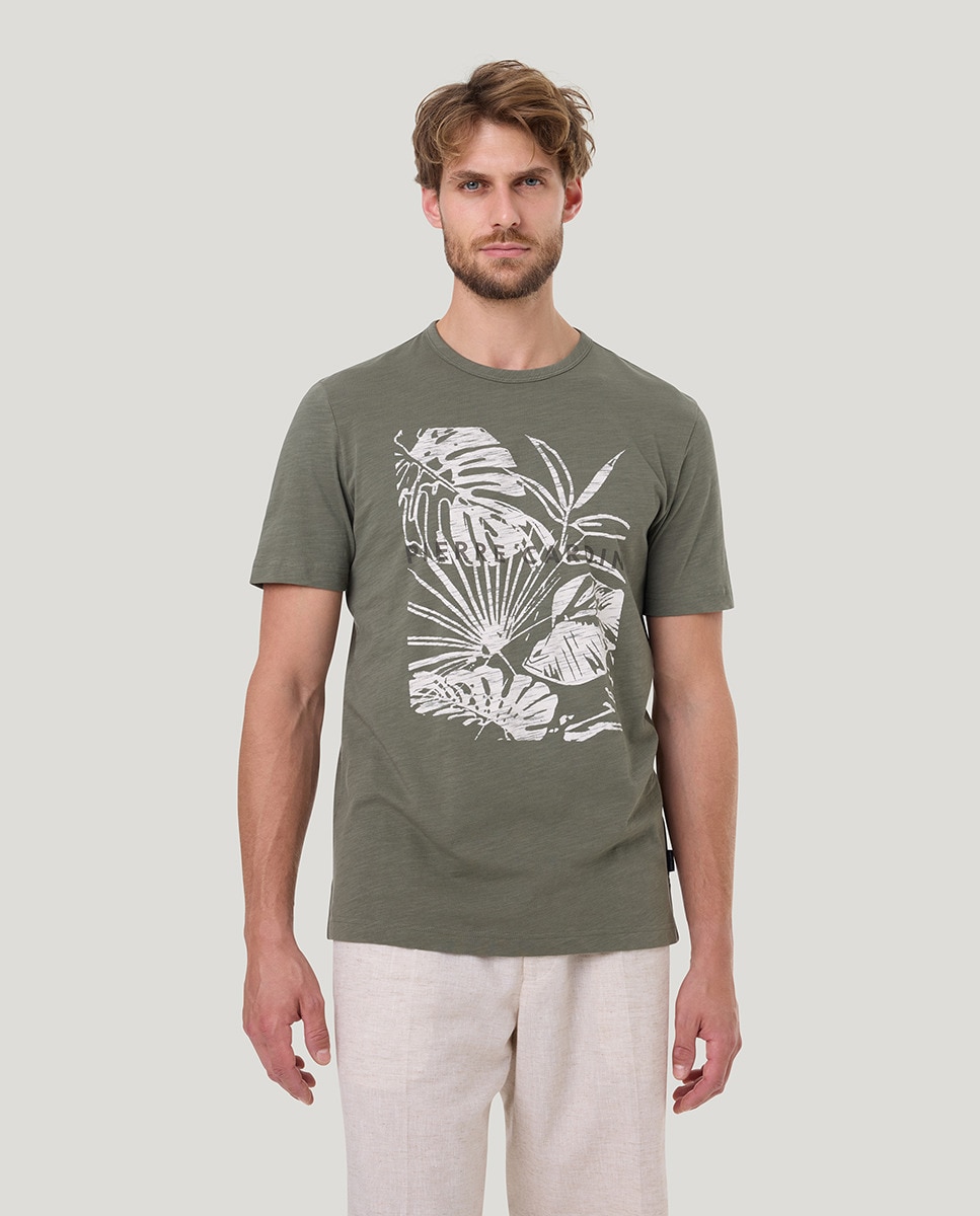 T-shirt em Tecido Slub com Desenho Tropical Caqui-1