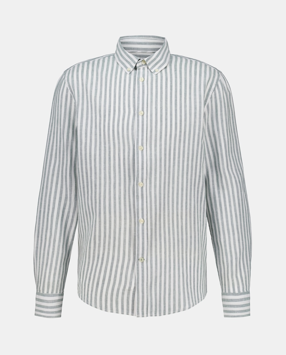 Camisa de Linho e Algodão às Riscas com Manga Comprida 520 Caqui-4