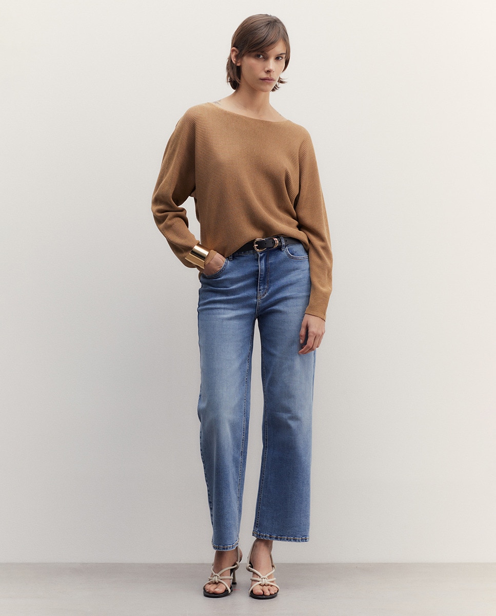 Camisola de Malha com Manga Morcego Bege-7