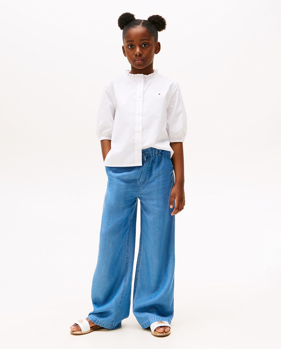 Camisa Lisa de Manga Curta com Gola à Padre e Manga 3/4 Azul-5