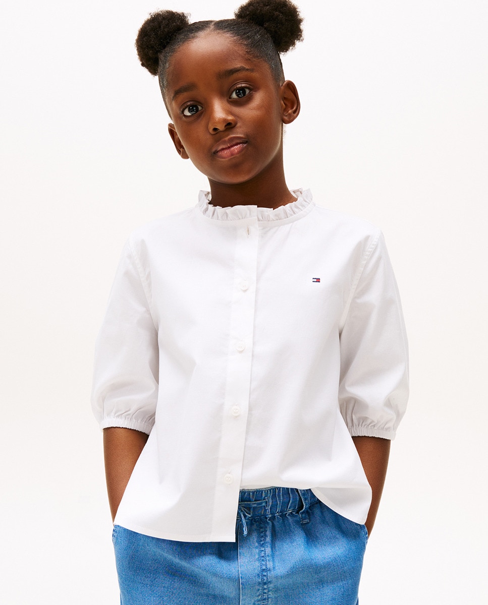 Camisa Lisa de Manga Curta com Gola à Padre e Manga 3/4 Azul-1
